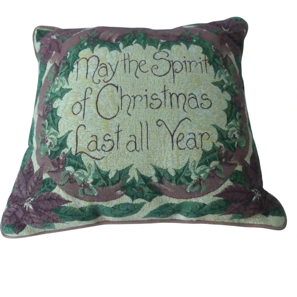 Christmas Tapestry Throw Pillow May Spirit of Christmas Pink Victorian Vtg